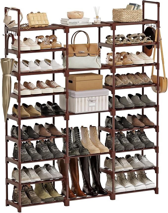 WOWLIVE 9 Tier 3-Column Shoe Rack, 50-55 Pairs Stackable Brown | 50in long by WOWLIVE