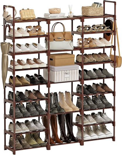 WOWLIVE 9 Tier 3-Column Shoe Rack, 50-55 Pairs Stackable Brown | 50in long by WOWLIVE