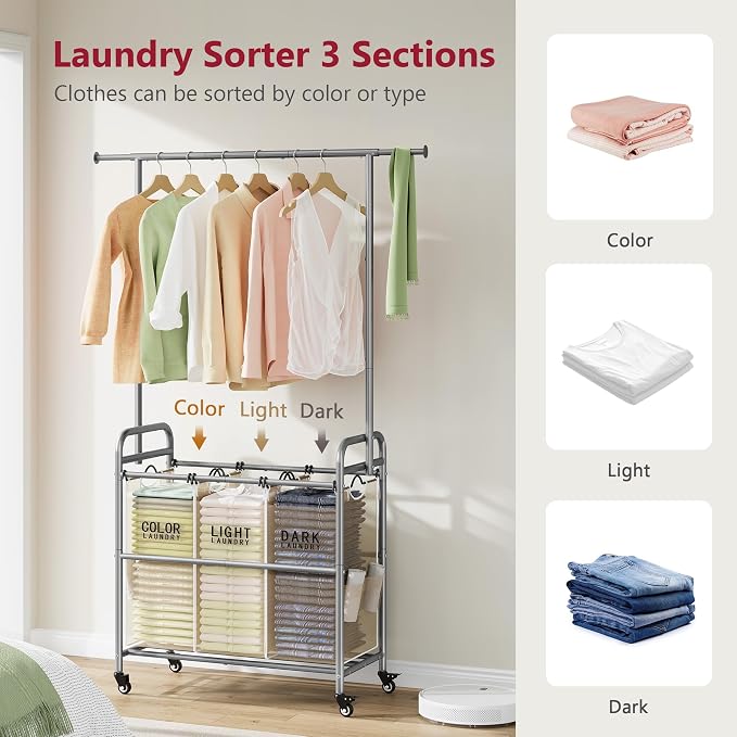 Tajsoon Laundry Hamper with Hanging Rack, 3 Section Laundry Sorter with Heavy - Image 4
