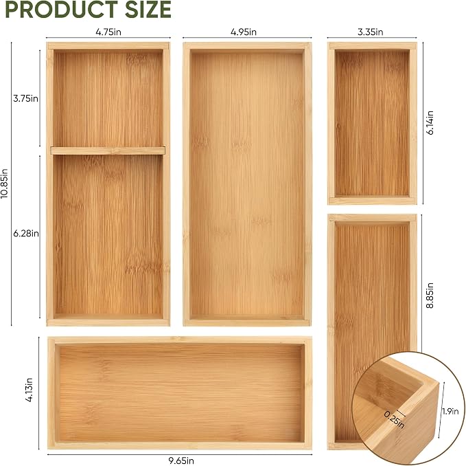 Vincona Bamboo Drawer Organizers Set, 5-Piece Multi-Use Wood Storage Organizers - Image 7