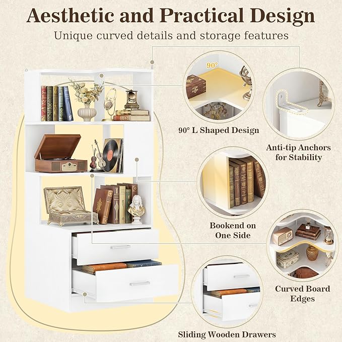 Armocity Corner Bookshelf with Drawers, Small Corner Shelf with Drawers | L - Image 5