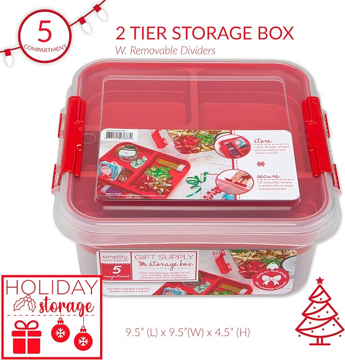 Simplify 5 Compartment Gift Supply Storage Box | 2 Tier Box | Red | Clear Top - Image 2