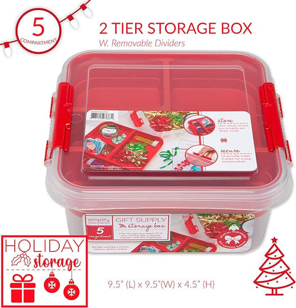Simplify 5 Compartment Gift Supply Storage Box | 2 Tier Box | Red | Clear Top - Image 2