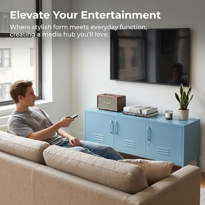 Lockable 3-Door Ocean Blue Metal TV Cabinet, Industrial Low Profile Steel Media - Image 4