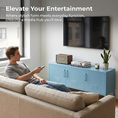 Lockable 3-Door Ocean Blue Metal TV Cabinet, Industrial Low Profile Steel Media - Image 4