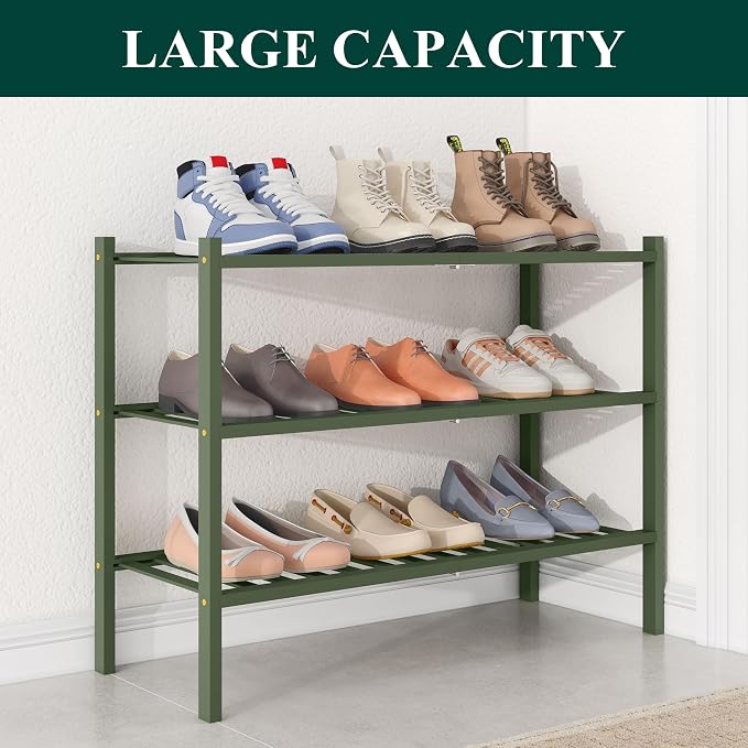 Smiry Bamboo Shoe Rack for Closet, 3 Tier Wooden Stackable Shoe Organizer - Image 4