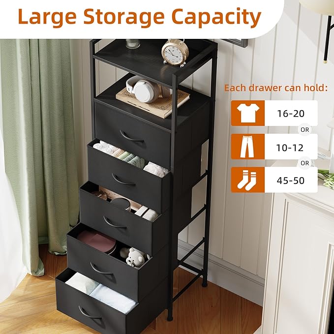 Somdot Tall Nightstand with 5 Drawers, Vertical Fabric Dresser - Image 5