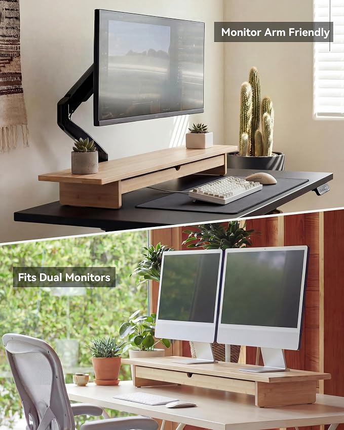 Bamboo Monitor Stand with Large Storage Drawer, 42 Inch Ergonomic Computer Riser - Image 7