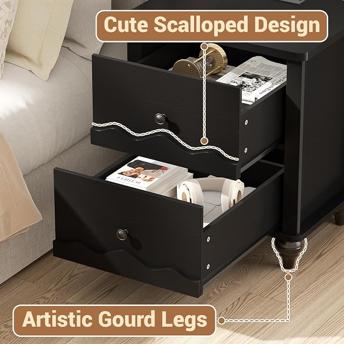 Cyclysio Nightstand with Charging Station, Side End Table with 2 Drawers - Image 5