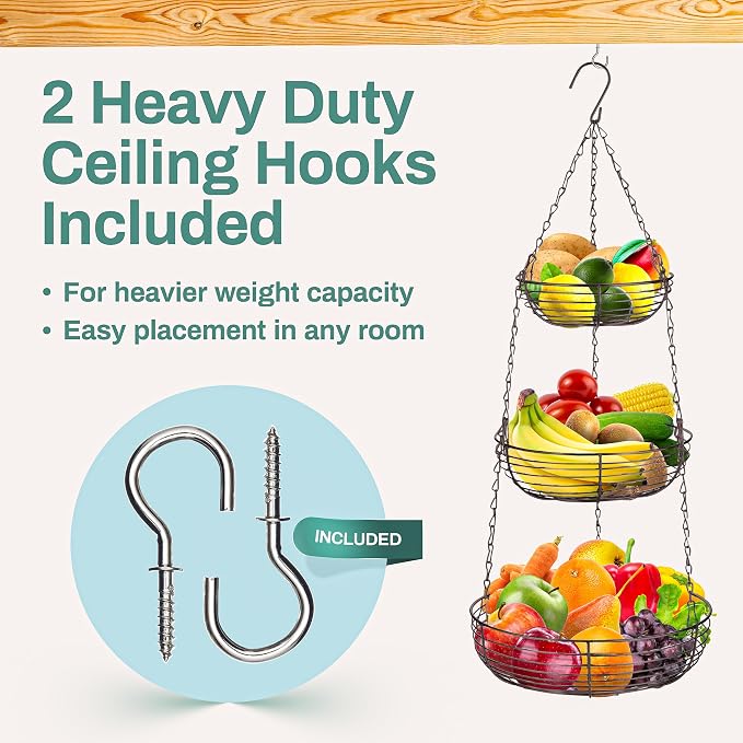Home Intuition 3-Tier Hanging Fruit Produce Basket Heavy Duty Wire - Image 4