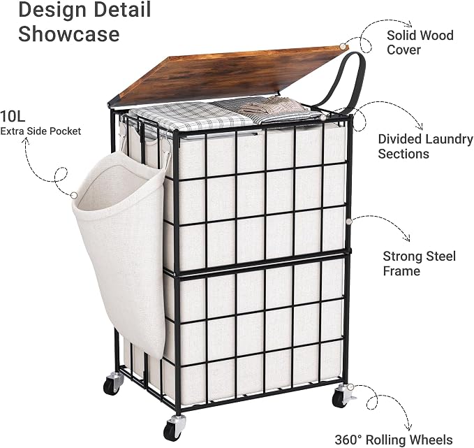 90L Laundry Basket with Wheels, Large Capacity Laundry Hamper with Removable - Image 3