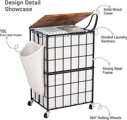 90L Laundry Basket with Wheels, Large Capacity Laundry Hamper with Removable - Image 3