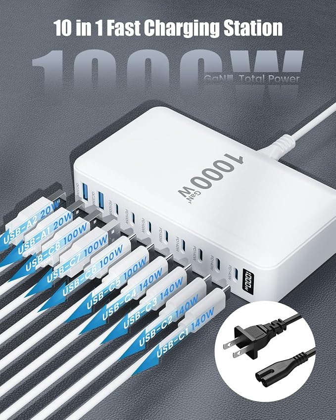 USB C Charger 1000W USB C Charger Block, Upgraded GaN IV 10-Port Charging - Image 5