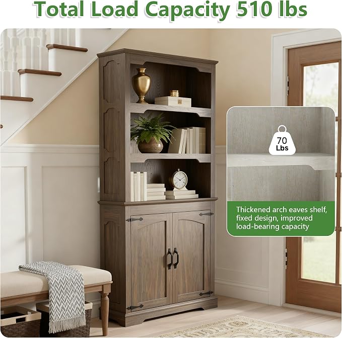 70 Inch Farmhouse Bookcase, Walnut Two-Tone Shelves, 5 Tier Bookshelf - Image 6