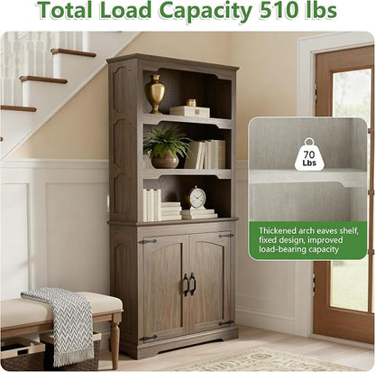 70 Inch Farmhouse Bookcase, Walnut Two-Tone Shelves, 5 Tier Bookshelf - Image 6