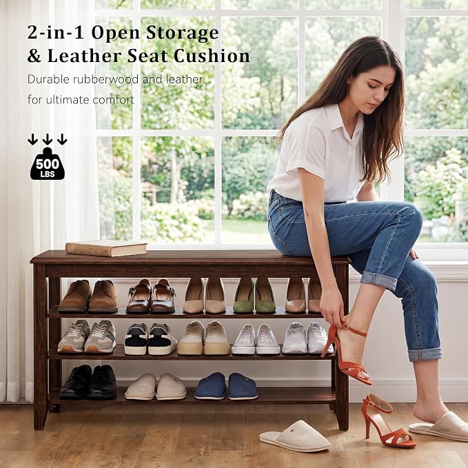 Taitiy Shoe Bench Storage Rubberwood, Entryway Bench - Image 4