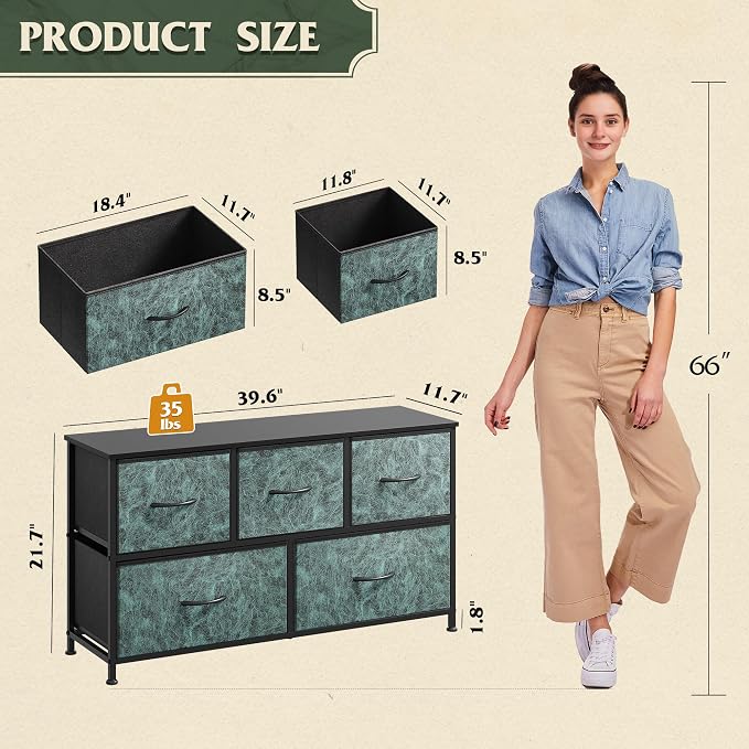 WLIVE Wide Dresser for Bedroom, 5 Drawer Chest of Drawers, Vintage Green | 5 - Image 3