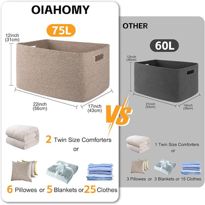 OIAHOMY 75L Large Blanket Basket, 22”x17”x12” Woven Cotton Rope Storage Basket - Image 3