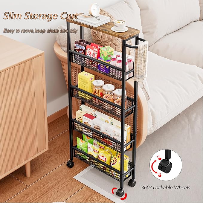 AZERPIAN Slim Rolling Cart 5 Tier Narrow Storage Cart on Wheels - Image 4