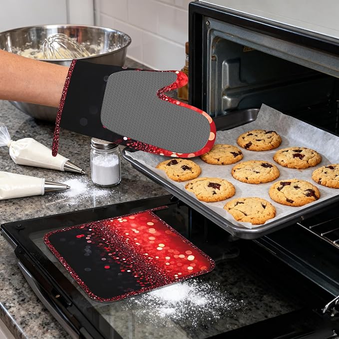 Red Gradient Sparkle Heat-Resistant Silicone Oven Mitts and Pot Holders - Image 4