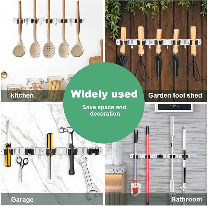 5 Pack Broom Holder Wall Mount 5 Racks 4 Hooks Stainless Steel Broom Mop Holder - Image 2