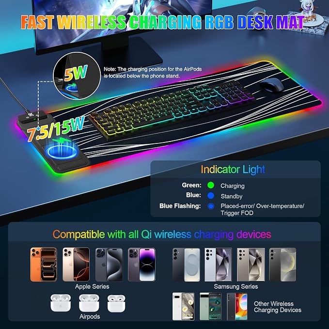 RGB Mouse Pad with Foldable Phone Stand & Wireless Charger, 31.5"x11.8" XL - Image 2