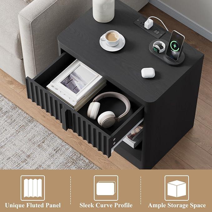 Fluted Nightstand with Charging Station, 23.6" End Table with Solid Wood Handle - Image 5