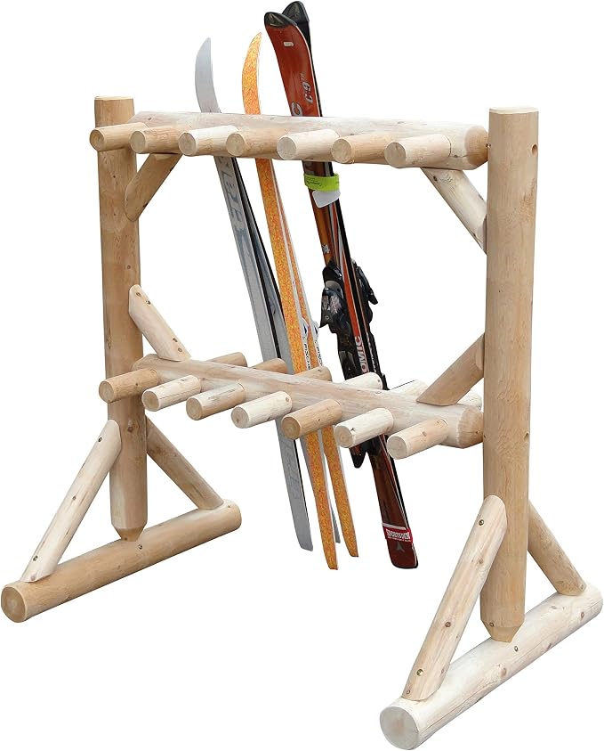 11-Place Freestanding Log Ski Rack Holder, Indoor & Outdoor Snowboard Racks - Image 9