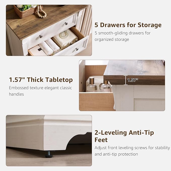 T4TREAM Farmhouse 5 Drawer Dresser - Image 5