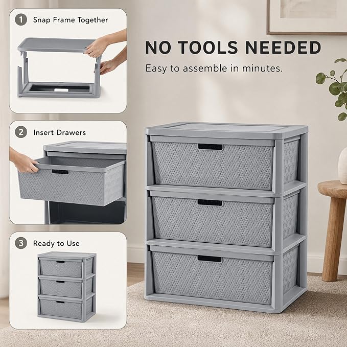 Wide 3-Drawer Plastic Storage Tower, Decorative Organizer Chest, BPA-free - Image 5