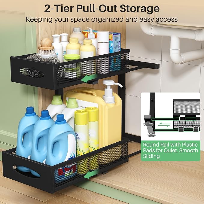 Under Sink Organizer, 2 Pack 2 Tier Pull out Cabinet Organizer Baskets - Image 3