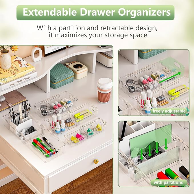 BLULEE 4-in-1 Expandable Drawer Organizer Set, Adjustable Clear Bins | - Image 2