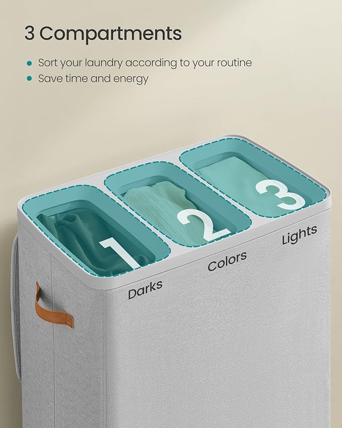 SONGMICS Laundry Basket, 50.2 Gal. Laundry Hamper, 3 Compartments, Easy Assembly - Image 3