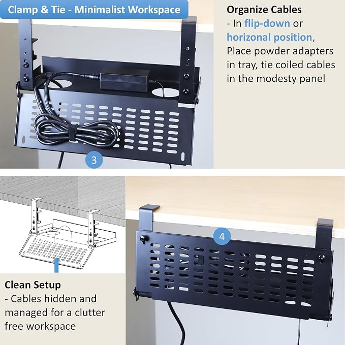 AEONS Universal Under Desk Cable Management Tray-Clamp Mount Hinged Swing - Image 3