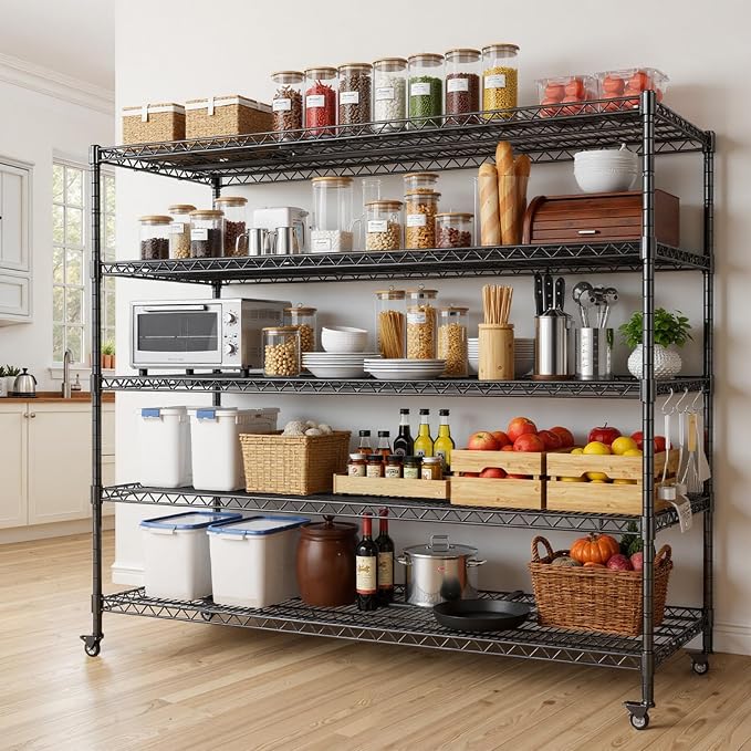 60” W Storage Shelves with Wheels, 5 Tier Wire Shelving Heavy Duty, Adjustable - Image 2