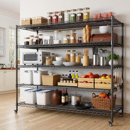 60” W Storage Shelves with Wheels, 5 Tier Wire Shelving Heavy Duty, Adjustable - Image 2
