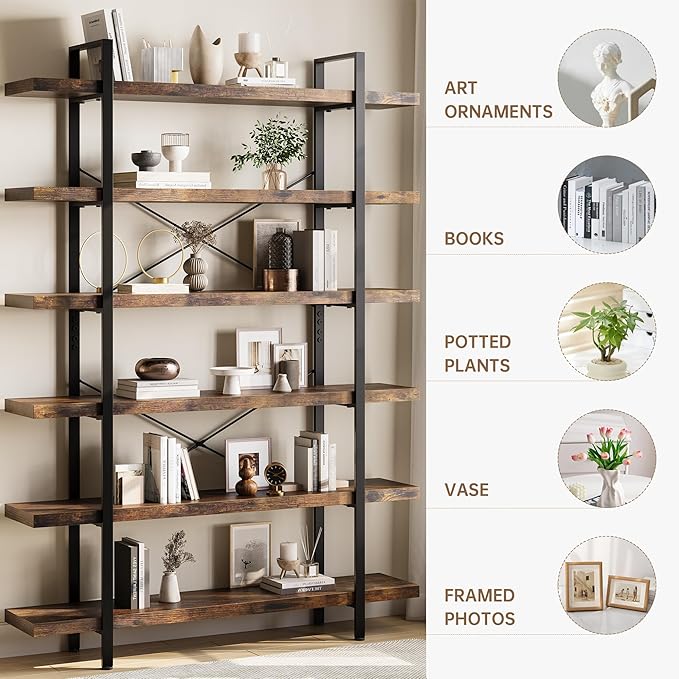 Heavy Duty 6-Tier Industrial Bookcase, 120lbs Shelf Capacity, Rustic Open - Image 3
