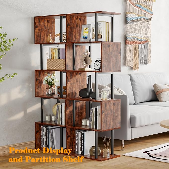 Furologee 6 Tier Bookshelf, Tall S Shaped Geometric Bookcase, Modern Display - Image 5
