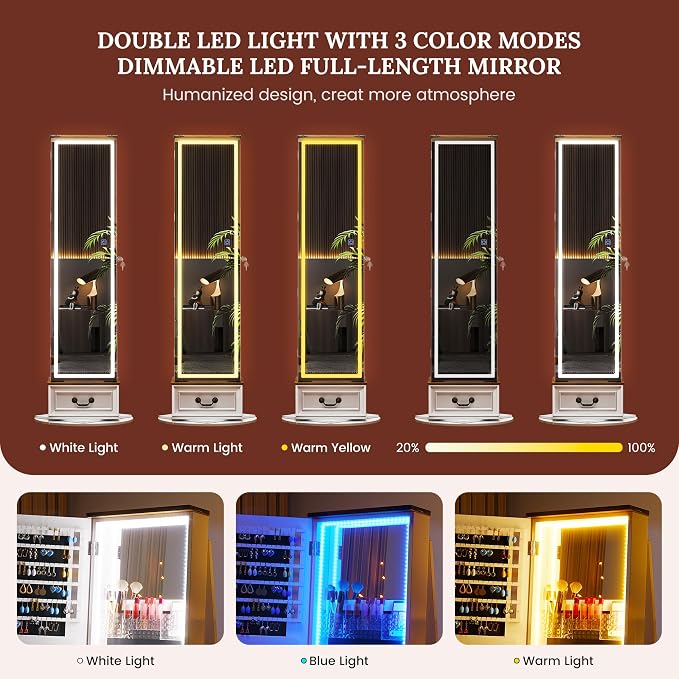 LVSOMT LED Mirror Jewelry Cabinet Standing, 360°Swivel Jewelry Armoire - Image 5