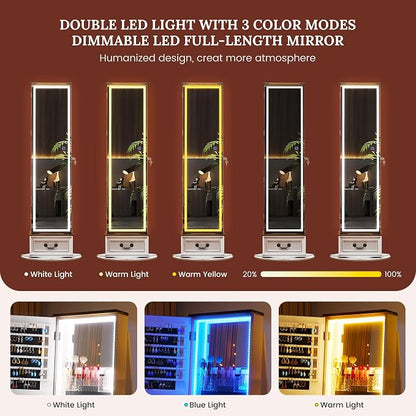 LVSOMT LED Mirror Jewelry Cabinet Standing, 360°Swivel Jewelry Armoire - Image 5