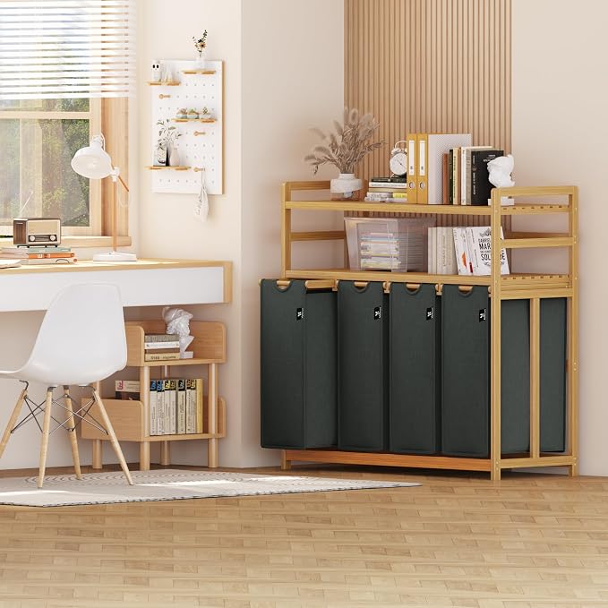 Bamboo Laundry Hamper with Shelf 200L, Laundry Basket 2-Tier with 4 Pull-Out - Image 9
