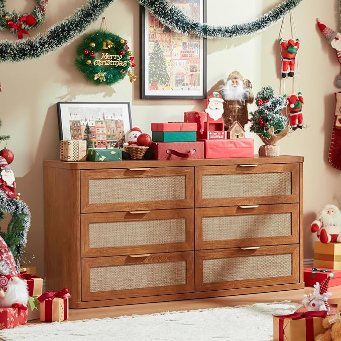 LEYAOYAO Rattan Dresser for Bedroom Set of 2, Boho 48" Wide 6 Drawer Dresser - Image 3