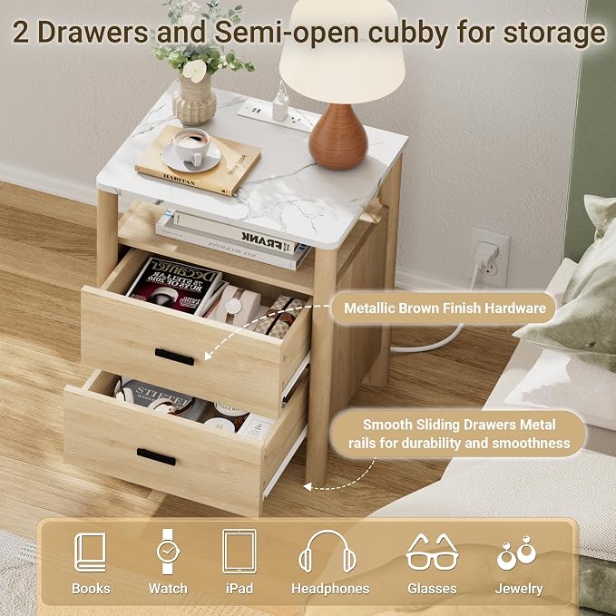Night Stand with Charging Station, 2 Drawers End Table with Solid Round Post - Image 6