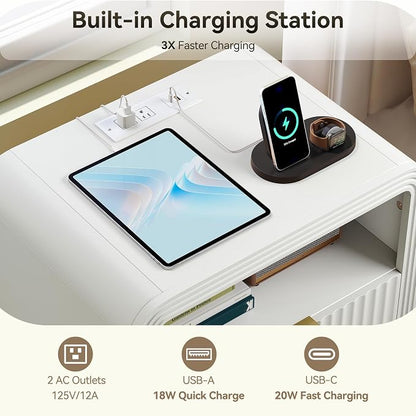 Fluted Nightstand with Charging Station, 19.7'' Wide Morden End Table with - Image 3