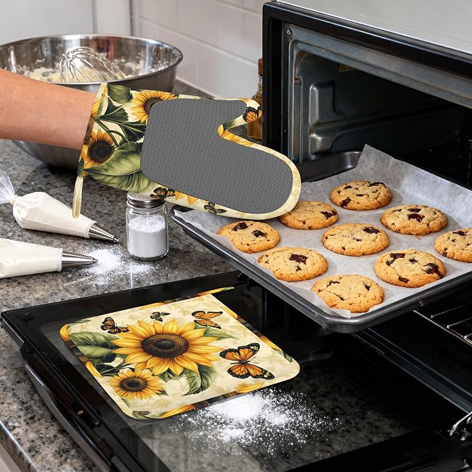 Vintage Sunflower Silicone Oven Mitts and Pot Holders, Butterfly Heat-Resistant - Image 4