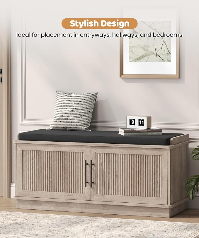 Akxomel 39.4" Fluted Shoe Storage Bench 2 Doors Wooden Entryway Bench Greige - Image 4