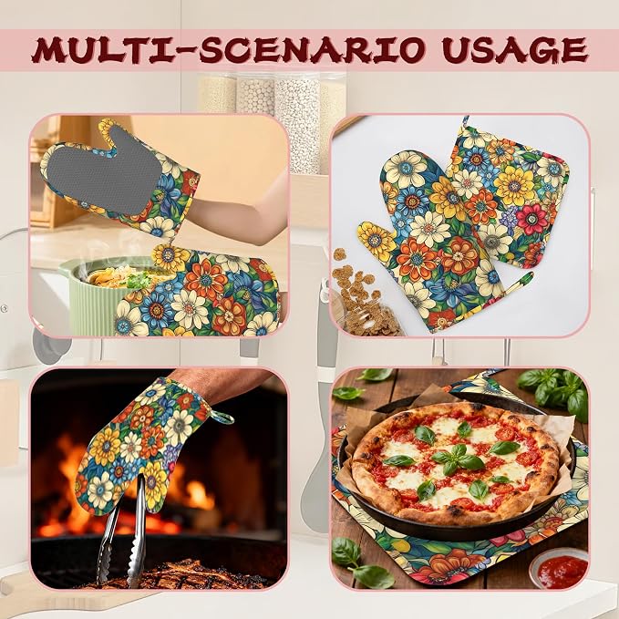 Flower Heat-Resistant Silicone Oven Mitts and Pot Holders, Cute Mandala Floral - Image 6