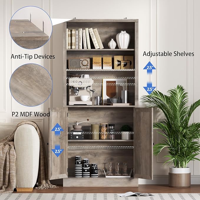 71.4" Tall Bookshelf with Cabinet, 5-Tier Floor Standing Bookcase with Doors & - Image 5