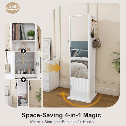 360° Rotating Full-Length Mirror Cabinet, Freestanding Jewelry Armoire Organizer - Image 9