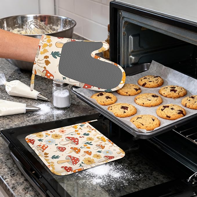 Retro Mushroom Daisy Flowers Silicone Oven Mitts and Pot Holders, - Image 4